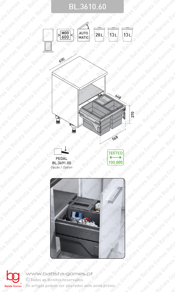 Balde para lixo extra�vel - Porta frontal - M�d. 600 - Autom�tico - 54L